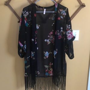 Black with flowers and fringe Kimono